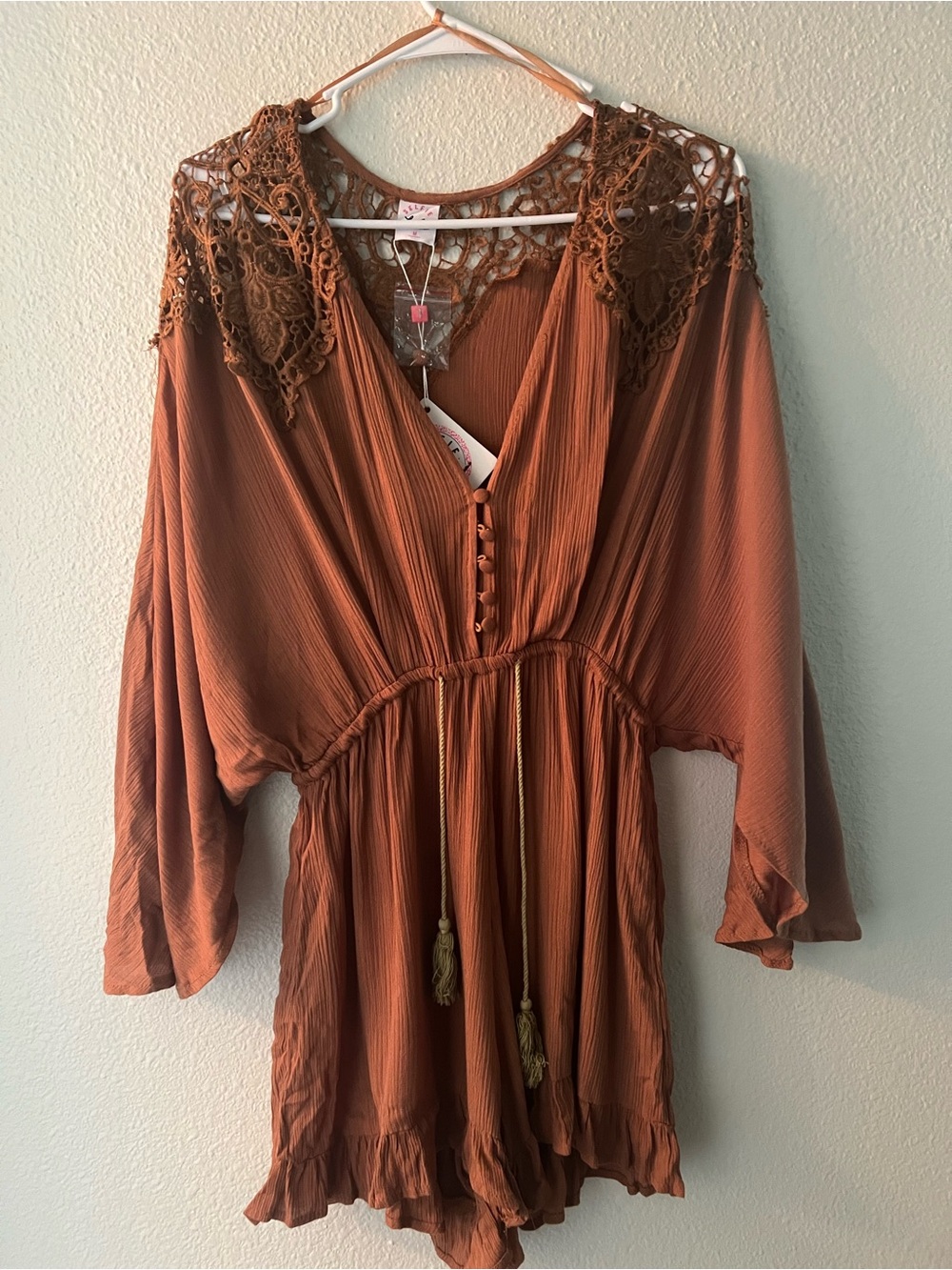 Selfie Leslie Rust Crochet Yoke Romper